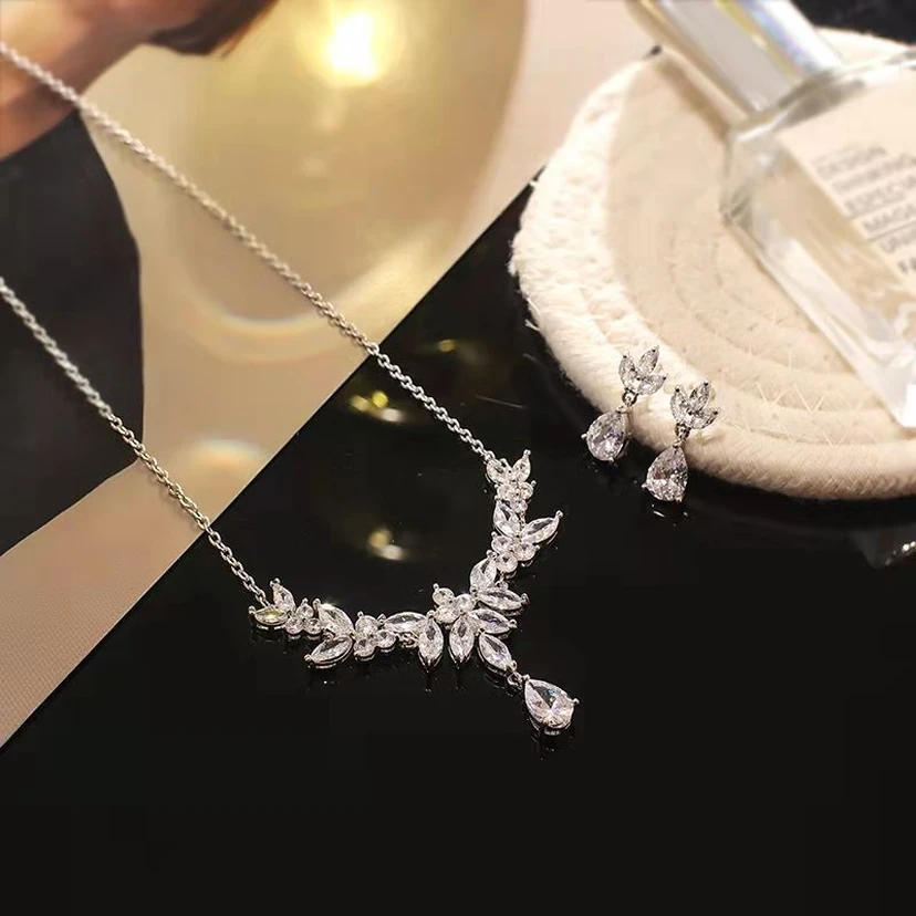Delicate Zircon Bridal Necklace and Earrings view 2