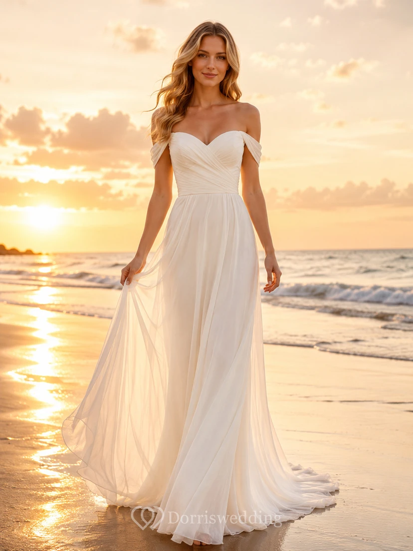 Off Shoulder Sweetheart Chiffon Beach Bridal A Line Gown