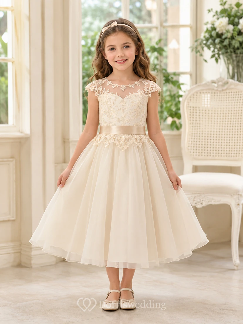 Schlichtes A-Linien-Kleid aus Tüll mit Schleife für Blumenmädchen, Rundhalsausschnitt, wadenlangem Rock und Schleifendetail