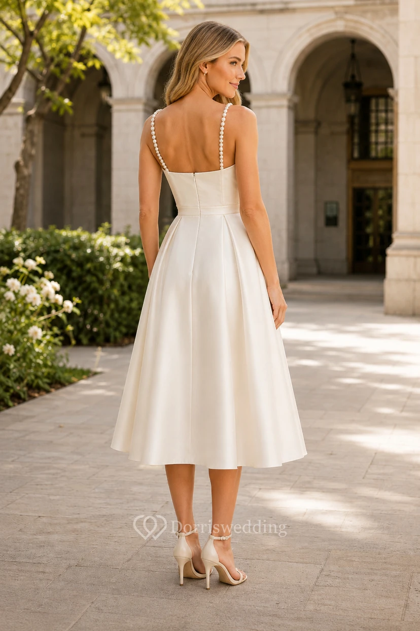 Robe de réception de mariage en satin, longueur thé, col carré, idéale pour les réceptions de mariage et les cérémonies civiles. view 2