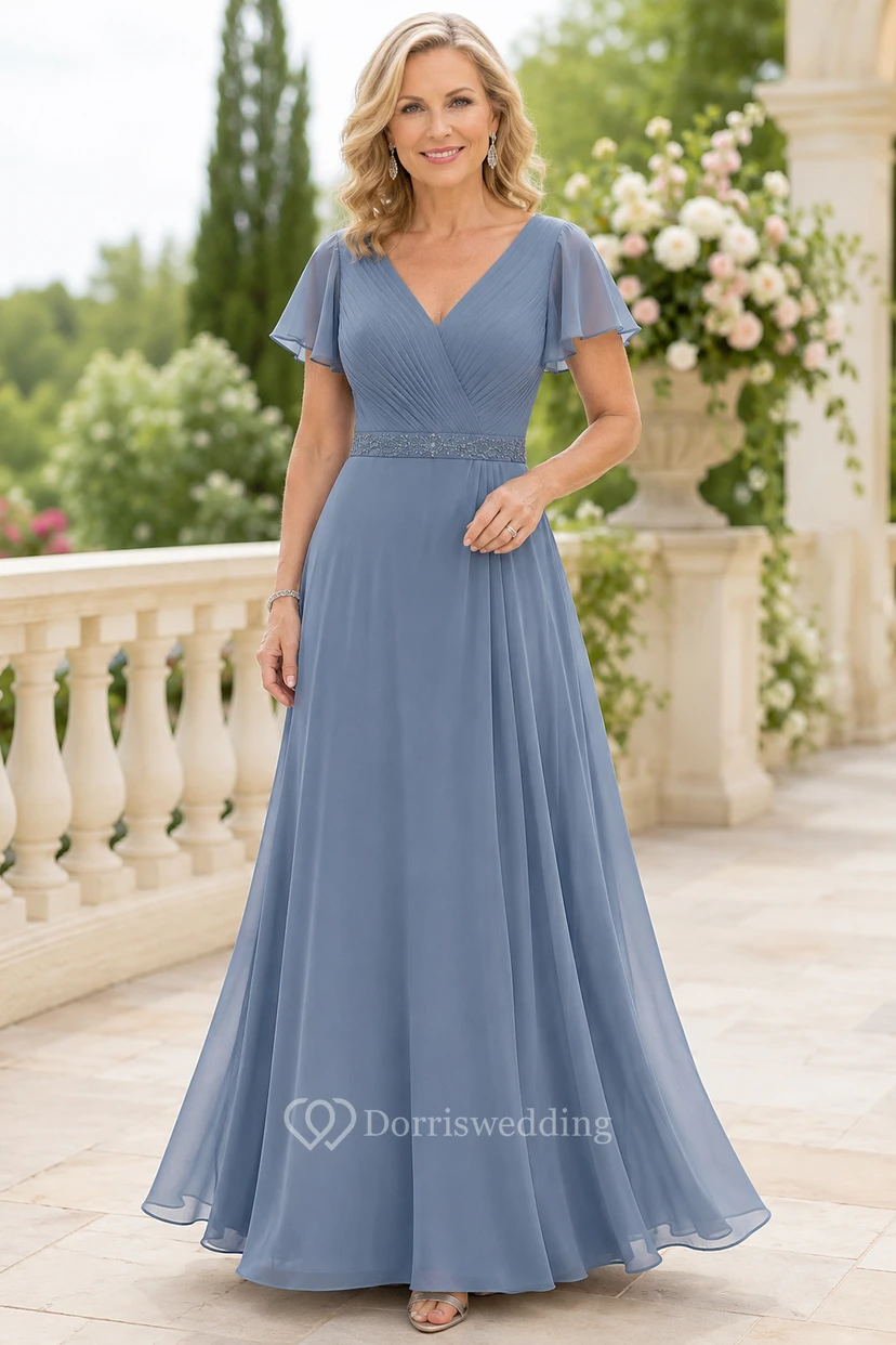 Stahlblaues Chiffon-Kleid in A-Linie mit V-Ausschnitt für Mütter