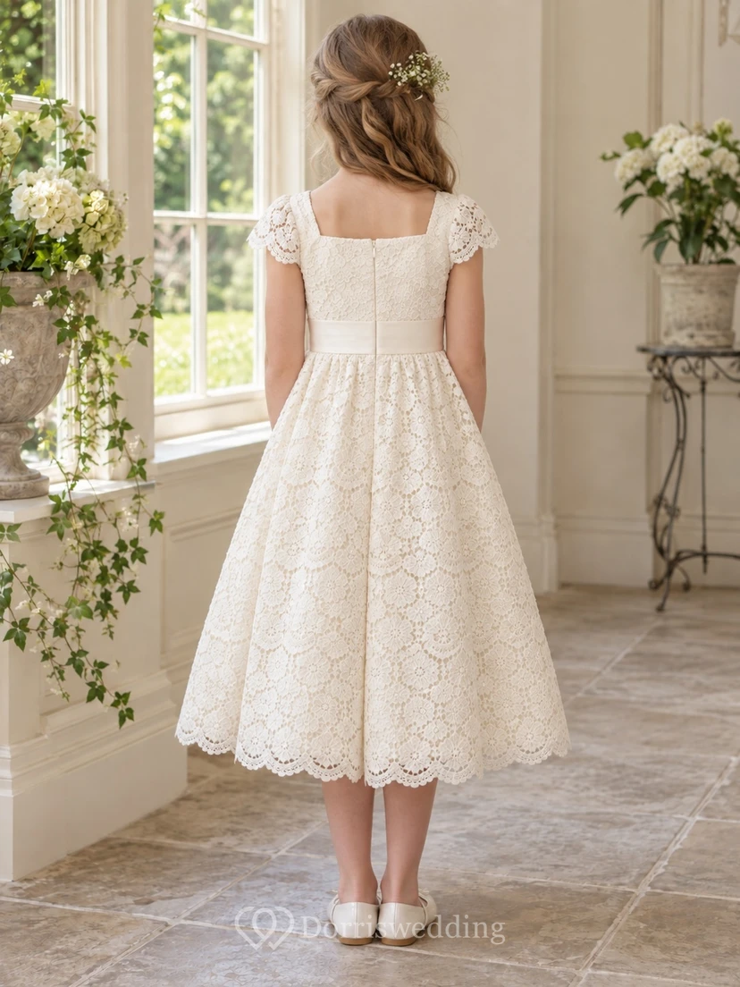 Square Neck Boho Tea-length Ivory Cap Sleeve Scalloped Lace Flower Girl Dress view 2