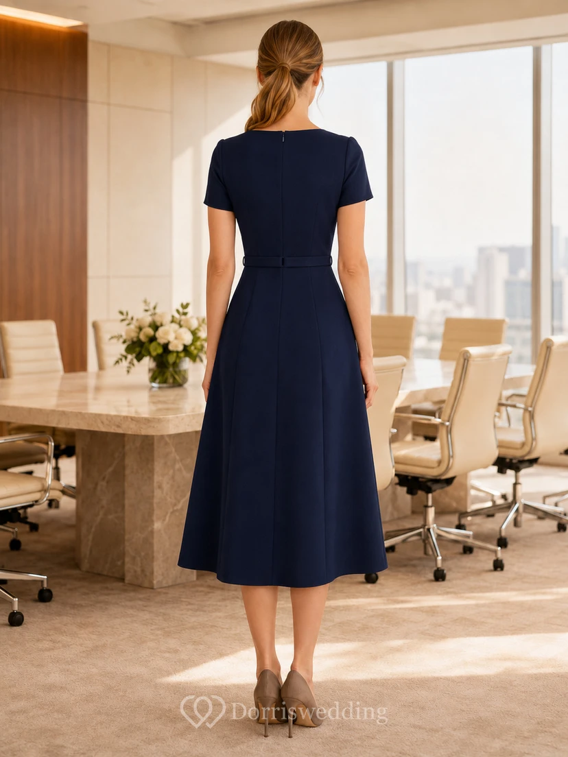 Marineblaues Business-Midikleid mit eckigem Ausschnitt, kurzen Ärmeln und A-Linien-Schnitt view 2