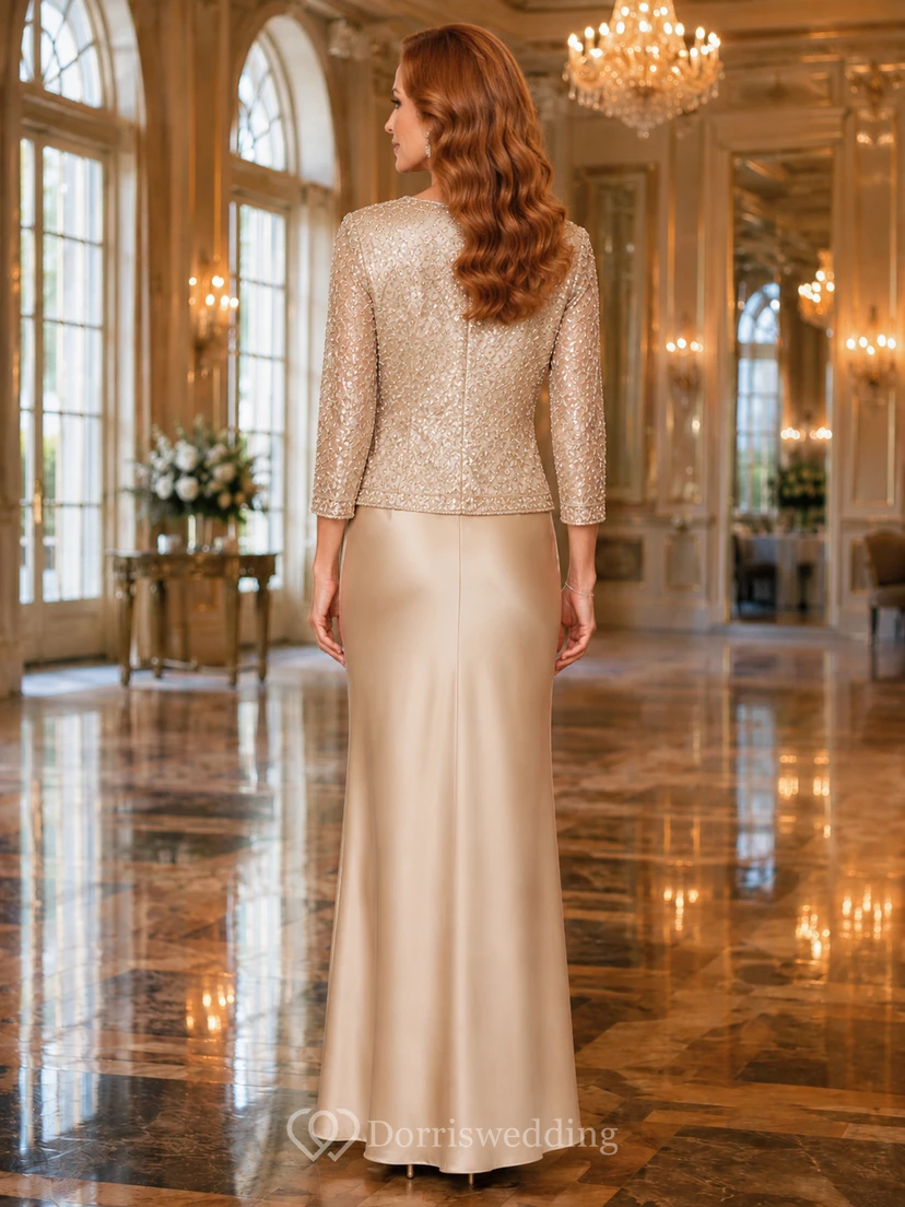 Robe fourreau en satin champagne avec veste en dentelle, robe de mère view 2