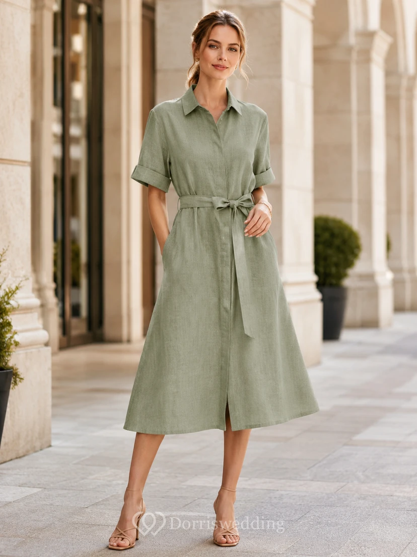 Celadonfarbenes, kurzärmeliges Vintage-Teehemdkleid aus Baumwolle mit Kragen, Gürtel und Knöpfen