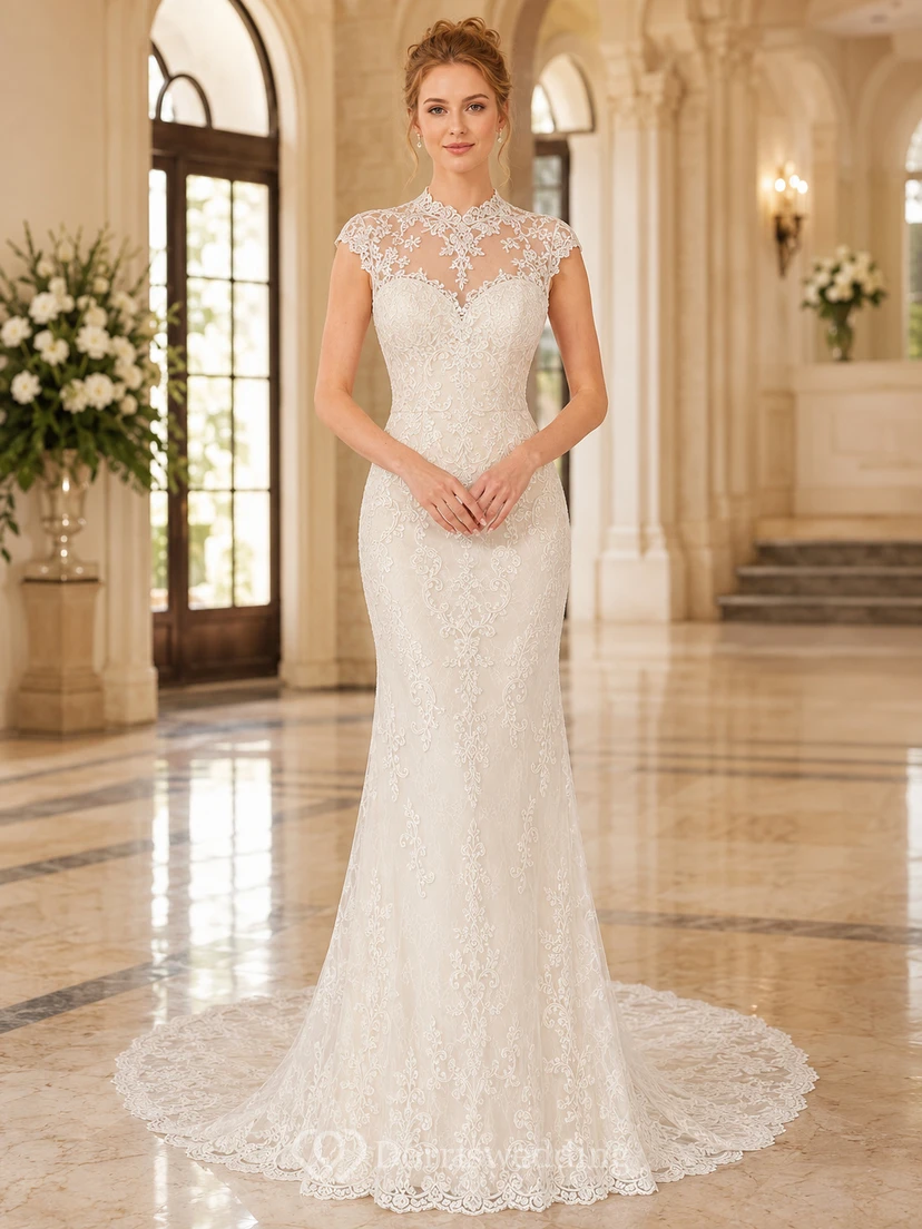 Lace Wedding Dress Mermaid V-Neck Long Sleeve Chapel Train Bridal Gown