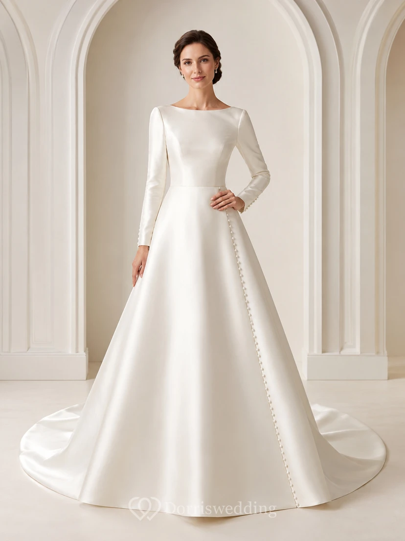 Long Sleeve Bateau Satin A Line Pearl Button Wedding Dress
