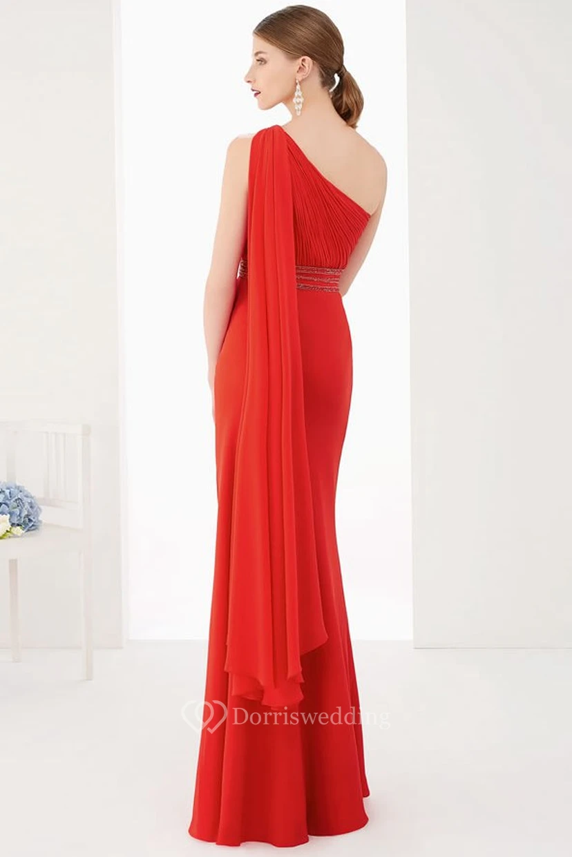 Single Strap Side Drape Sheath Chiffon Long Prom Dress With Empire Waist view 2