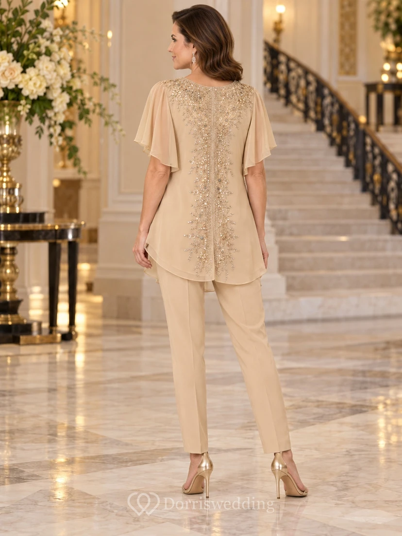 Champagne Beaded Flutter Sleeve Long Tunic Tapered Guest Pantsuit view 2