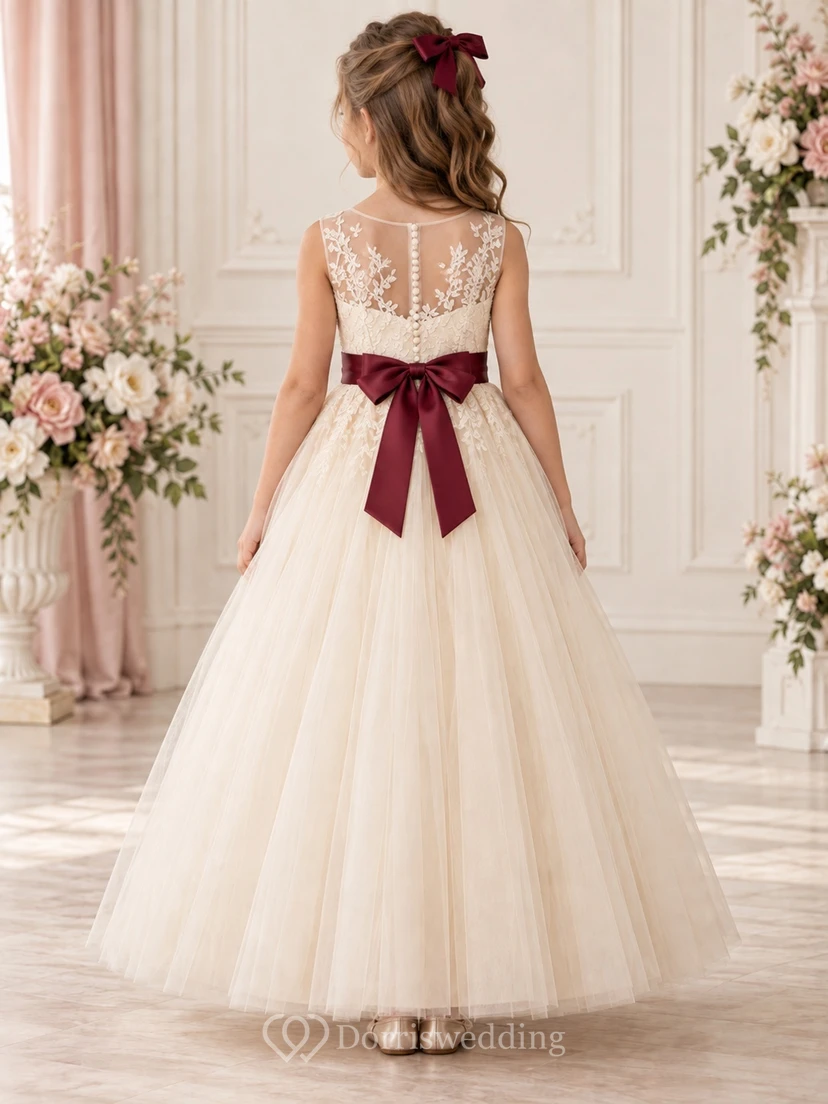 Robe de demoiselle d'honneur ivoire à fleurs, coupe trapèze, sans manches, en tulle, longueur cheville, corsage en dentelle, ceinture bordeaux view 2