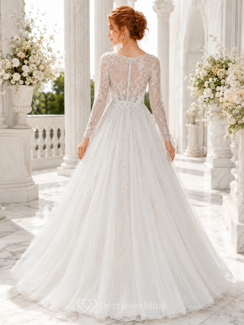 Romantic Bridal Lace Off-the-shoulder Long Sleeve Ball Gown Chapel Train view 2