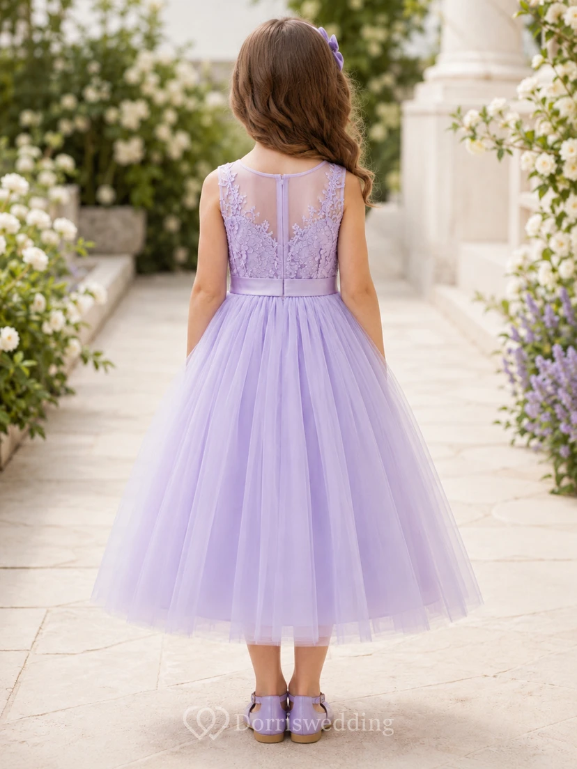 Lavender Lace Tulle A-Line Flower Girl Dress with Jewel Neck and Tea-Length Skirt view 2