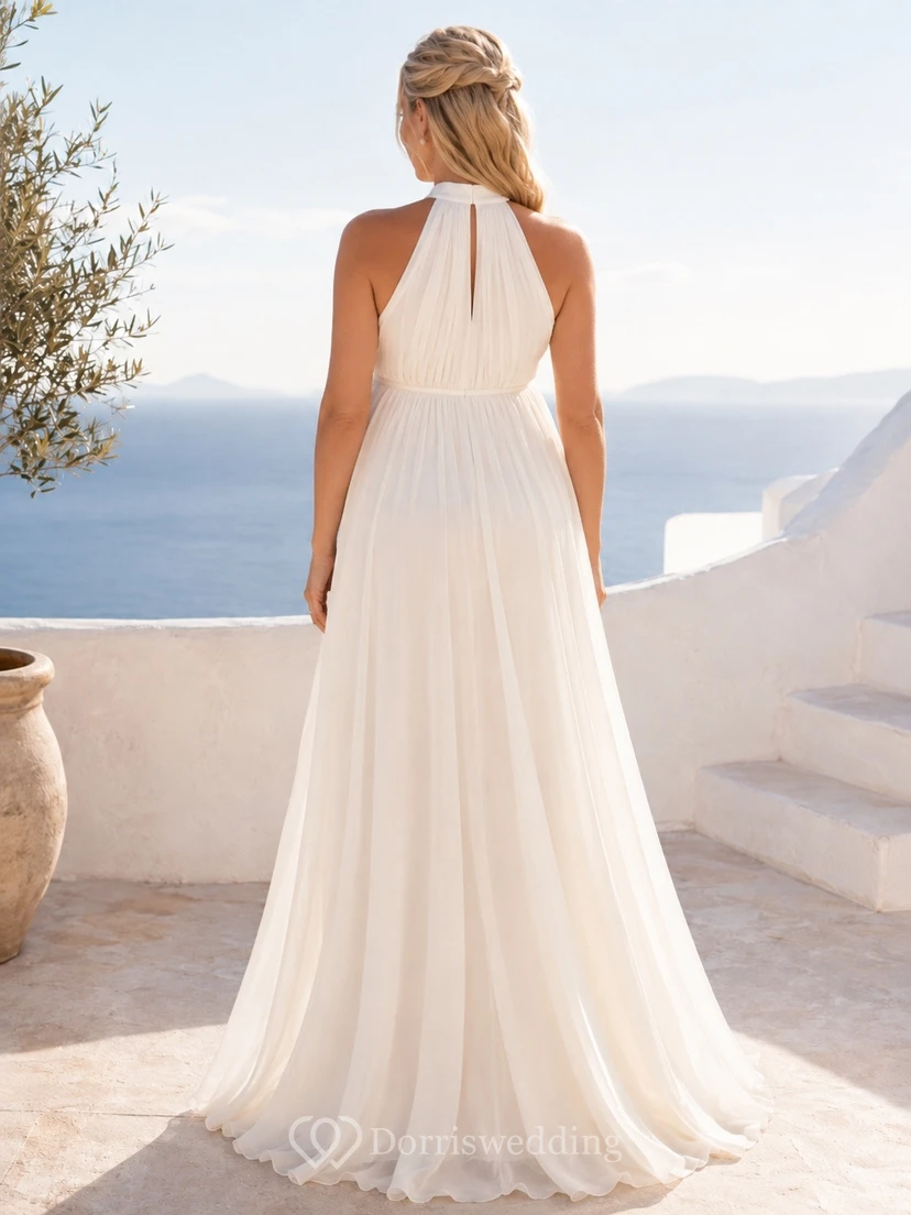 Elegante vestido de novia largo hasta el suelo, de gasa, corte A, sin mangas y con escote halter. view 2