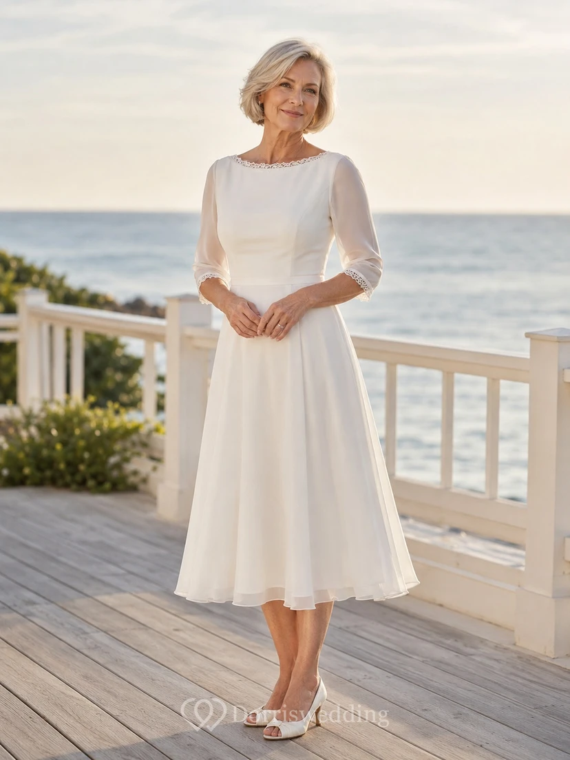 Preiswertes, schlichtes, lässiges Brautkleid mit U-Boot-Ausschnitt, Dreiviertelärmeln, A-Linie und Teelänge