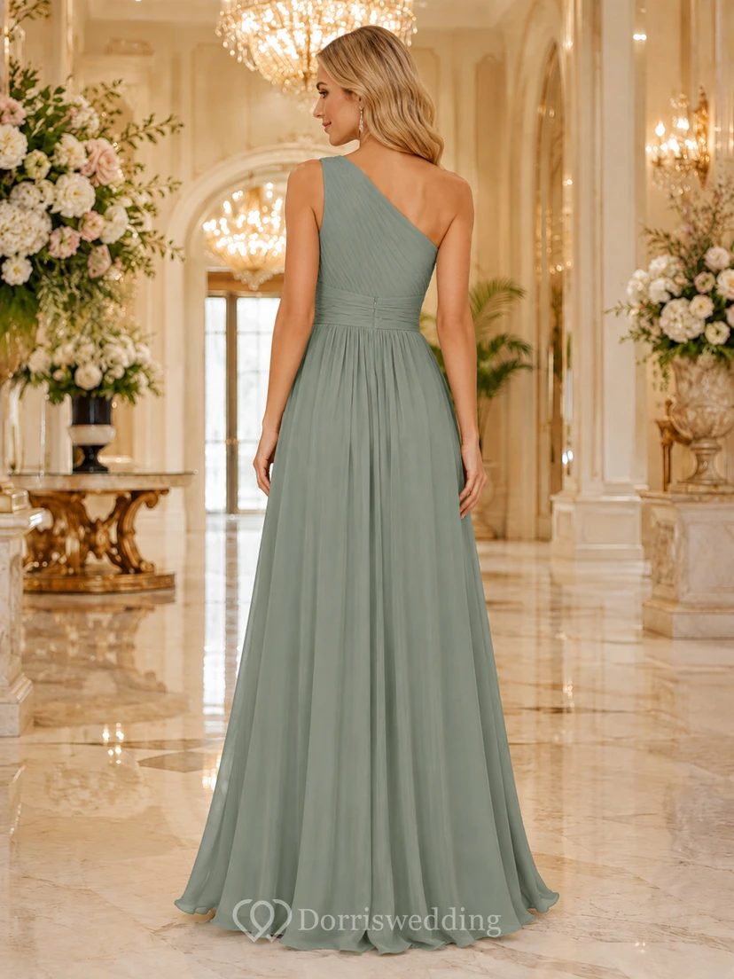 Evening Gala Formal Sage Simple Elegant A-Line Chiffon Bridesmaid Dress with One-Shoulder Sleeveless Floor-Length Slit Skirt Pleated Open Back view 2
