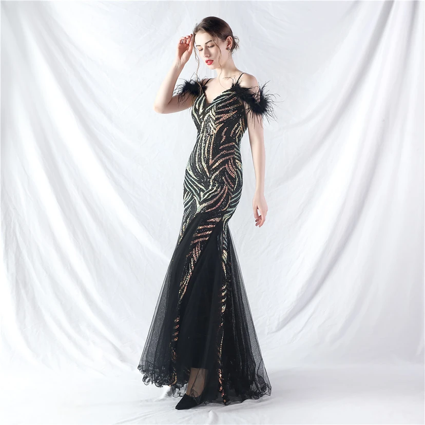 Crafted Ostrich Feather Stacked Sequins Splicing Mesh Gauze High-End Evening Dress Clothes view 12