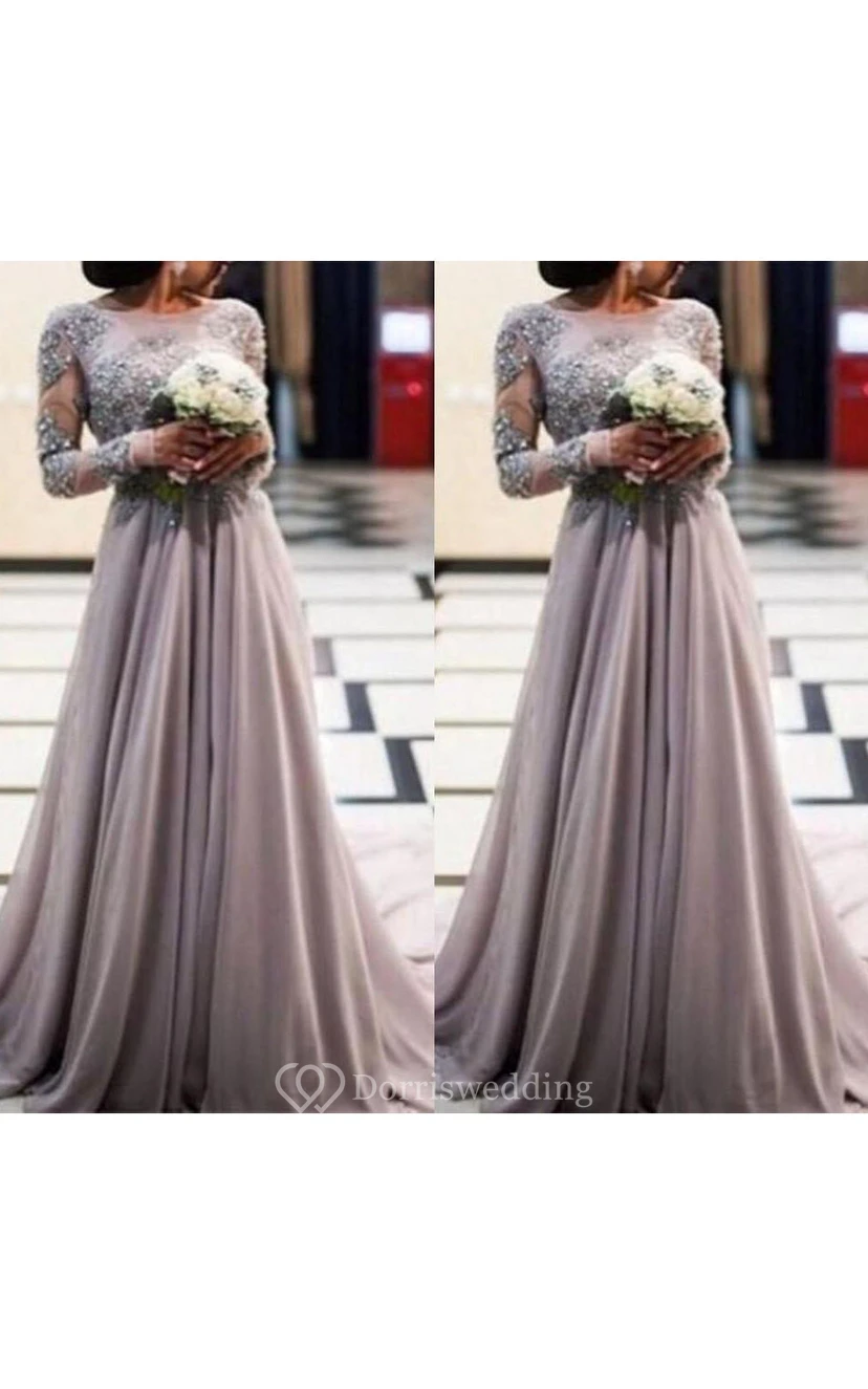 A-line Scoop Neck Long Sleeved Appliqued Chiffon Dress view 4