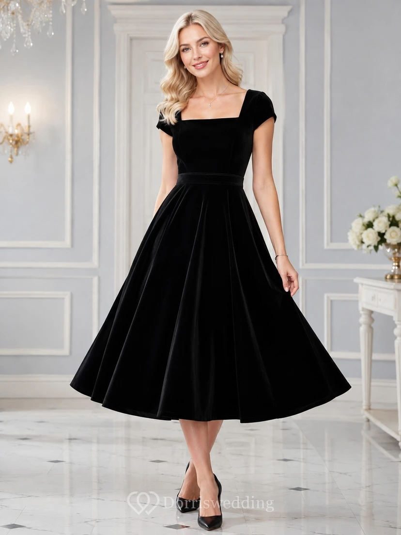 Schwarzes Samtkleid in A-Linie mit schulterfreiem Ausschnitt und kurzen Ärmeln