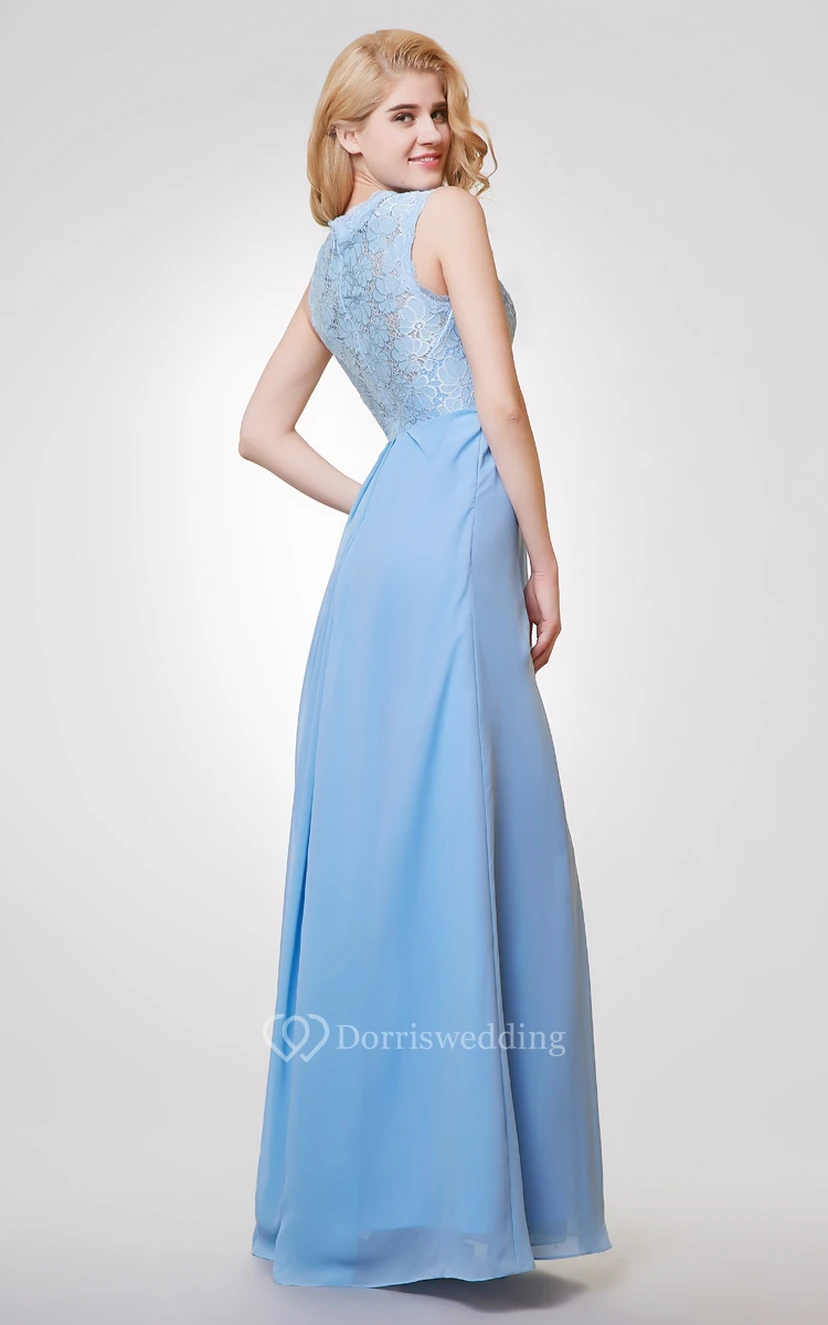Langes A-Linien-Kleid aus Chiffon und Spitze mit Trägern view 2