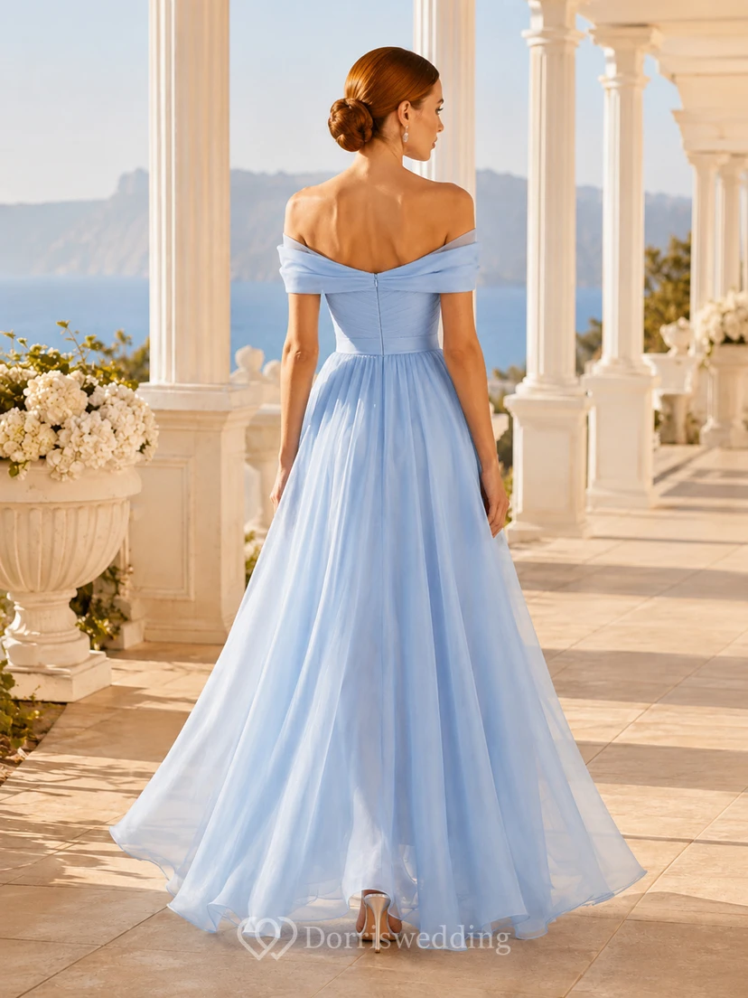 Sky Blue Off Shoulder Draped Chiffon Ankle Guest Dress view 2