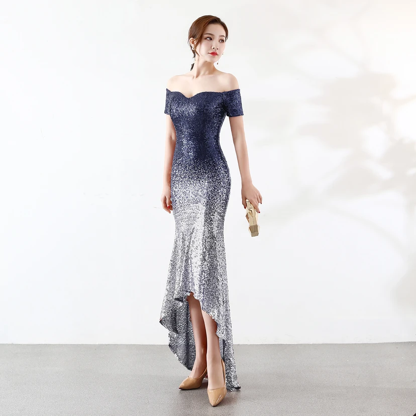 Robe asymétrique à manches courtes, style européen et américain, sequins dégradés, robe de soirée de mariage ou de banquet. view 3