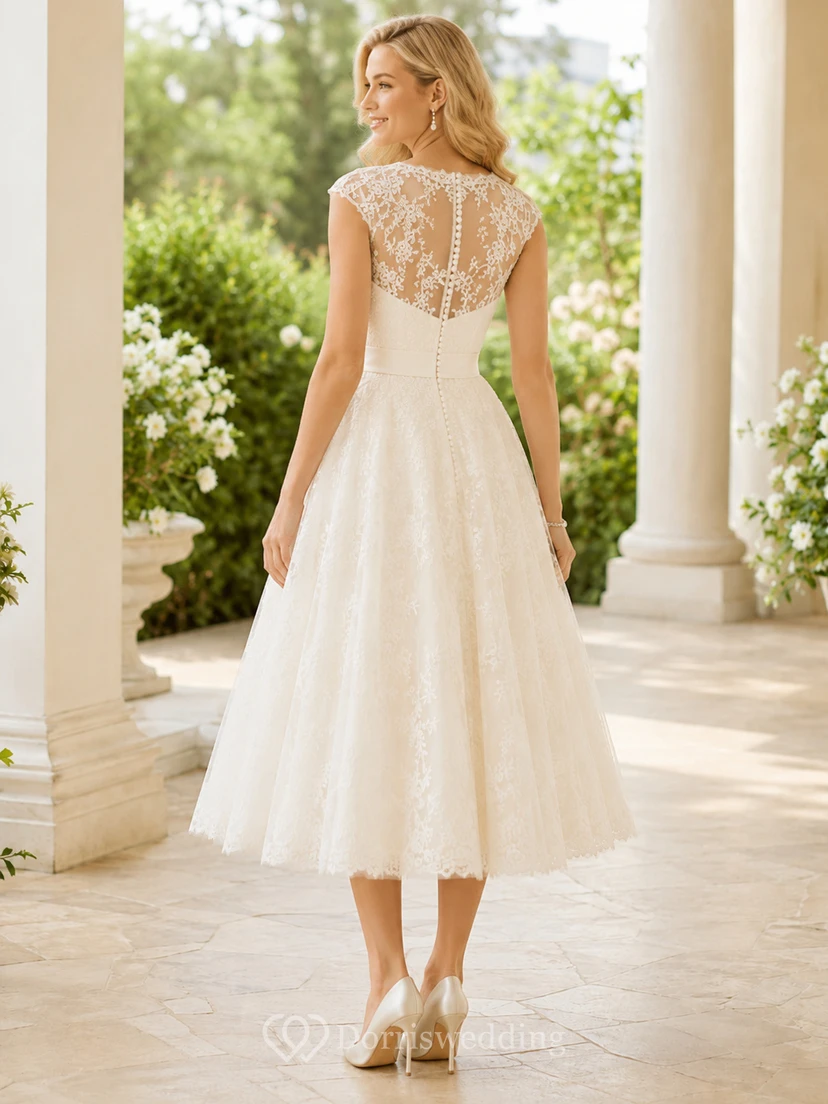 Vestido de novia romántico vintage de encaje con mangas cortas y escote barco, largo hasta la rodilla, estilo jardín. view 2