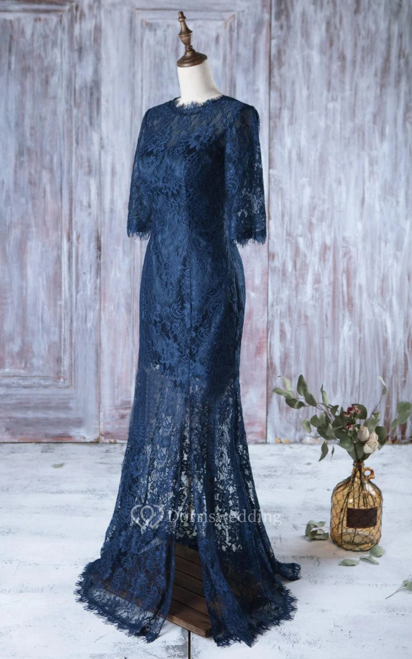 High Neck Half Sleeve Mermaid Lace Long Dress Illusion Skirt view 2