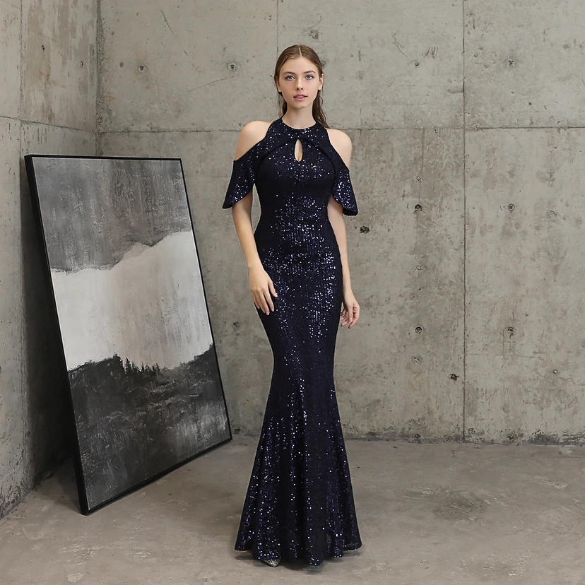 Banquet Temperament Elegant Long Short-Sleeved Sequin Aura Queen Fishtail Evening Dress view 24