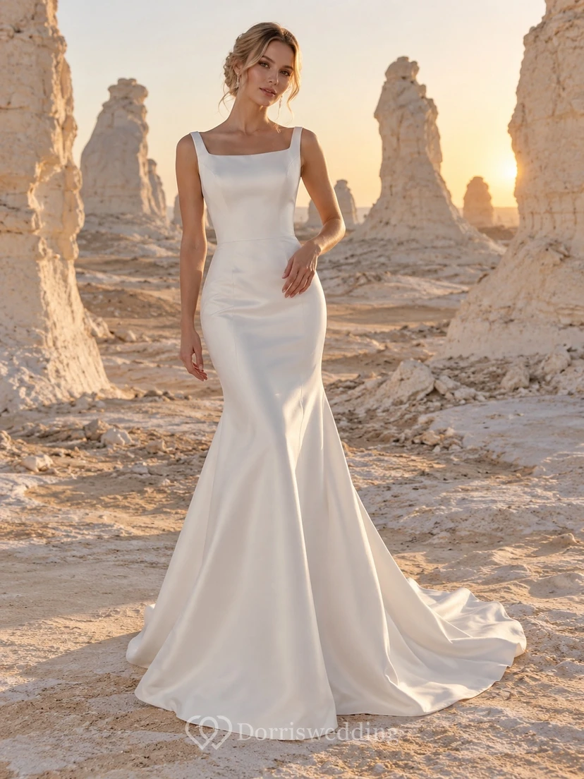 Vestido de novia sencillo de corte sirena, escote cuadrado, sin mangas, de satén, con tirantes anchos y cola ajustada a la cadera.