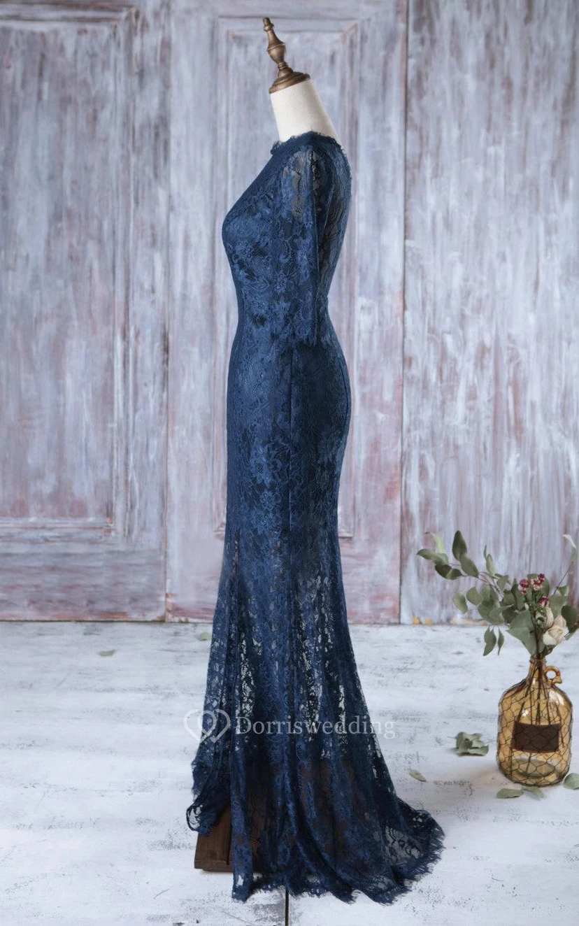 High Neck Half Sleeve Mermaid Lace Long Dress Illusion Skirt view 3