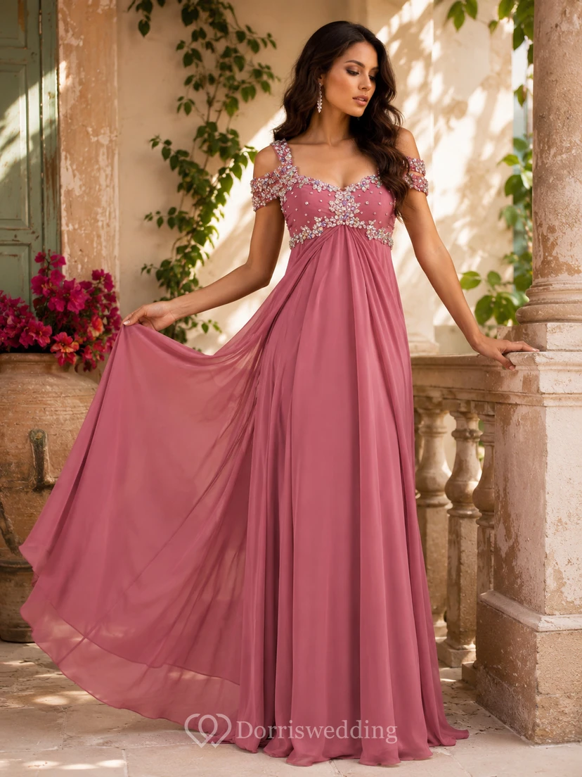 Chiffon-Maxikleid mit Perlenbesatz und Empire-Taille view 7