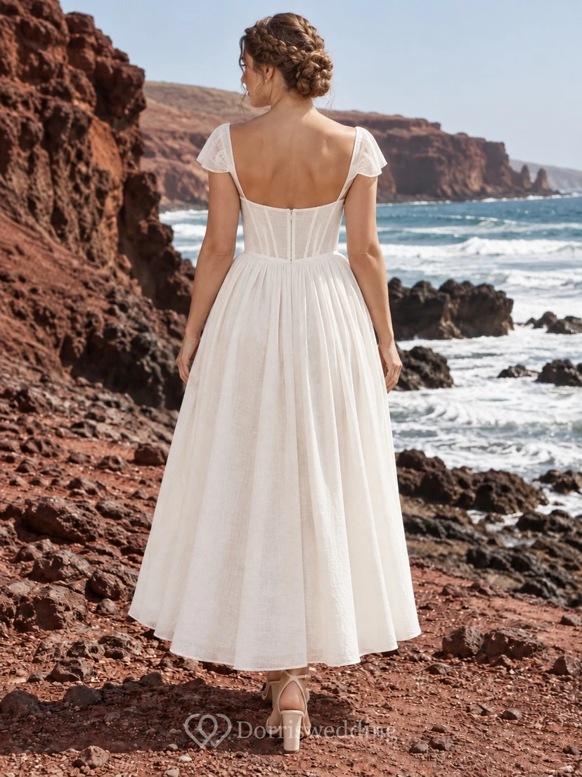 Simple Tea-Length Sweetheart Cap Sleeve Linen Blend Wedding Dress with Corset Bodice view 2