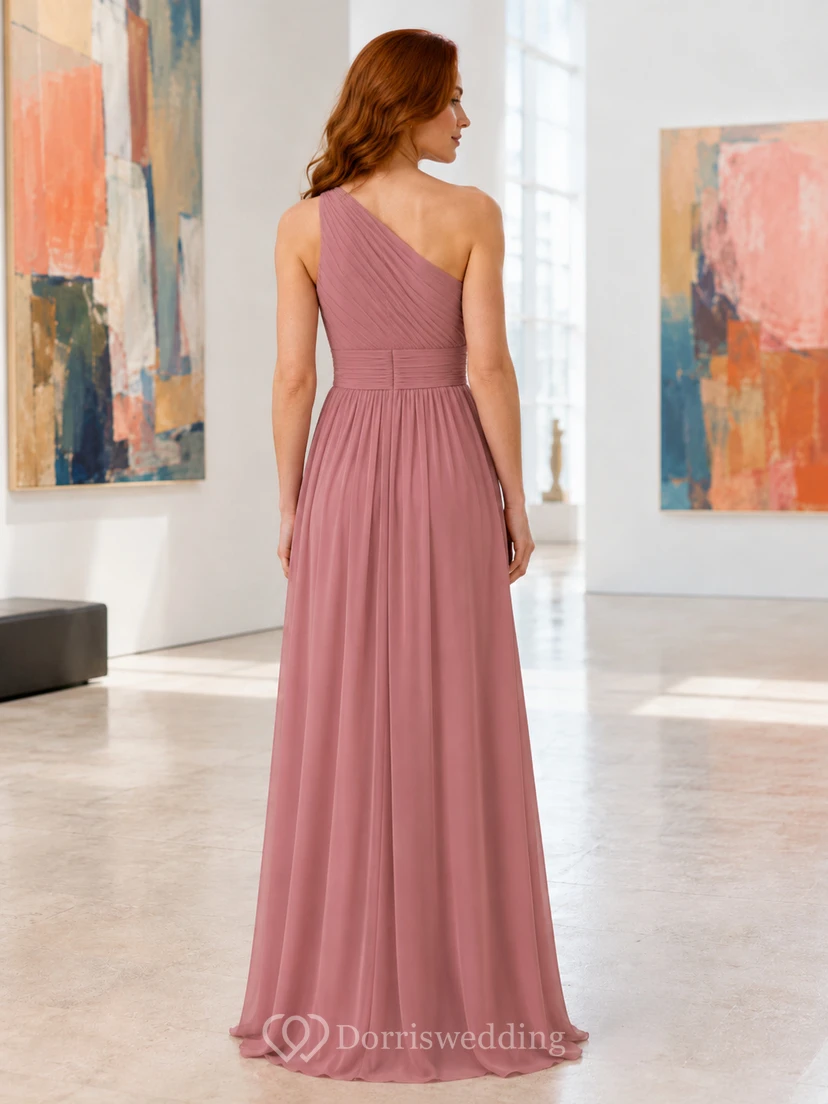 Gallery Formal Dusty Rose Simple Elegant A-Line Chiffon Bridesmaid Dress with One-Shoulder Sleeveless Floor-Length Pleated Open Back view 2