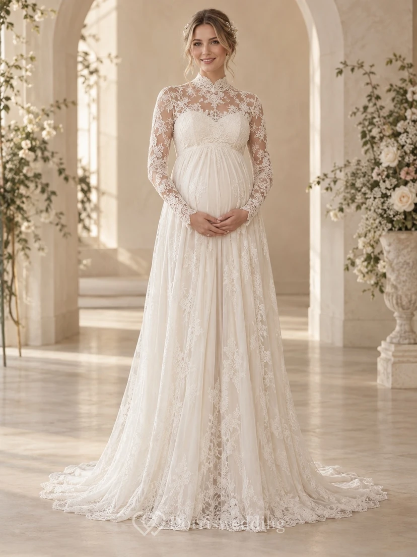 Robe de mariée de maternité modeste en tulle fleuri à col montant et manches longues, style robe de mariée ... en tulle à fleurs, col montant et manches longues.