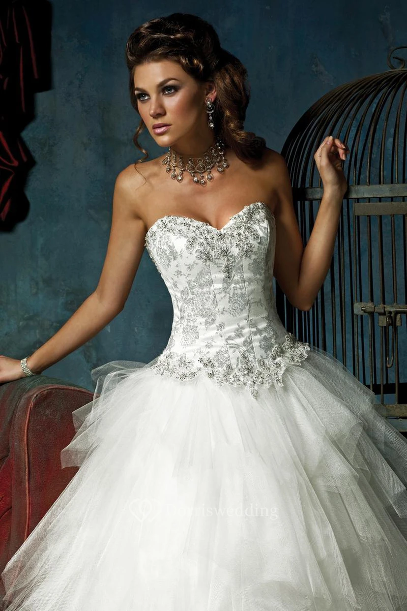 A-Line Ball-Gown Sweetheart Floor-Length Sleeveless Cascading-Ruffle Tulle Wedding Dress With Beading And Lace-Up Back view 4