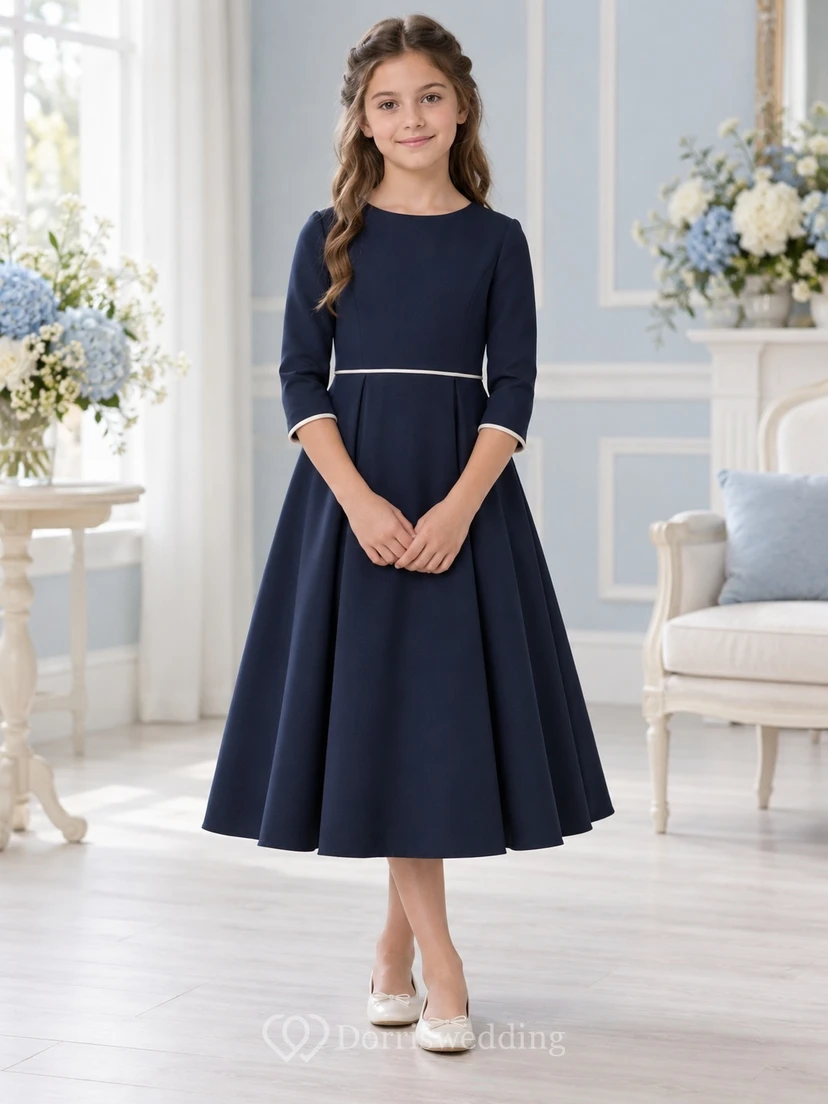 Simple Modest Dark Navy Tea-length Ivory Piped Three-quarter Sleeve Full Flower Girl Dress