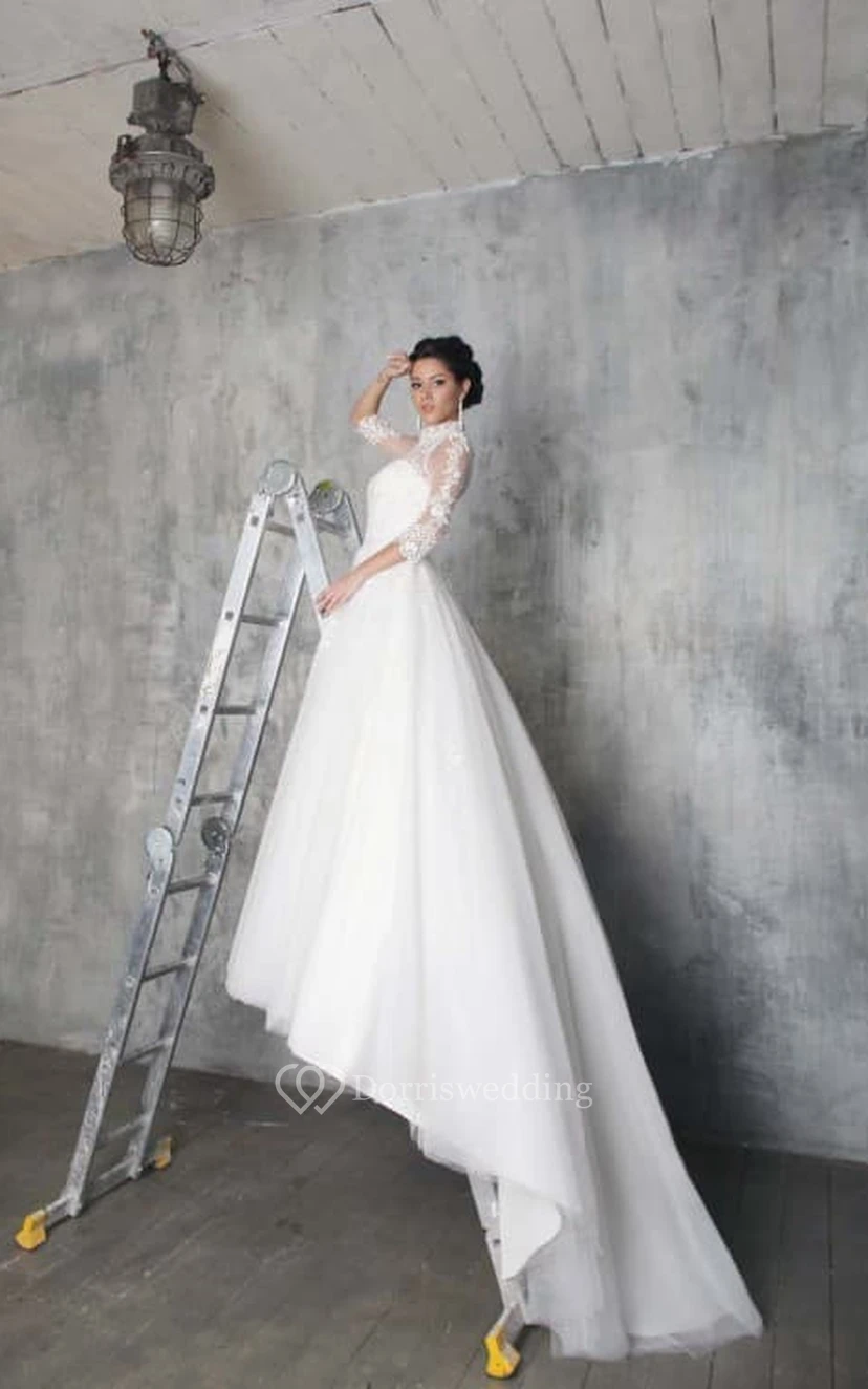 Robe de bal longue à col montant et manches 3-4 en tulle illusion ornée d'appliques view 4