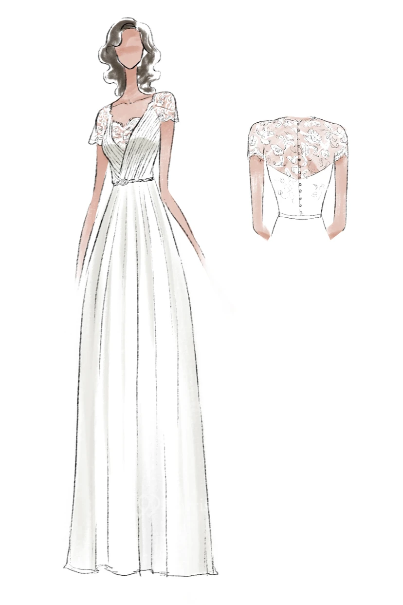 A-Linien-Kleid aus Chiffon mit bodenlangem V-Ausschnitt, kurzen Ärmeln, Schleppe und Illusionsspitze – perfekt für die Erneuerung des Eheversprechens. view 7