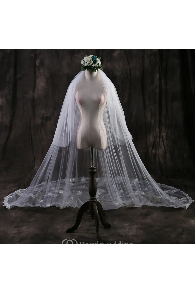 Ethereal Cathedral Tulle Wedding Veil with Lace Edge and Flower Appliques view 2