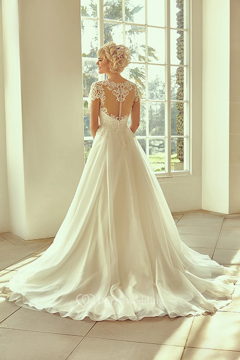 Long Notched Appliqued Cap-Sleeve Lace&Chiffon Wedding Dress view 2