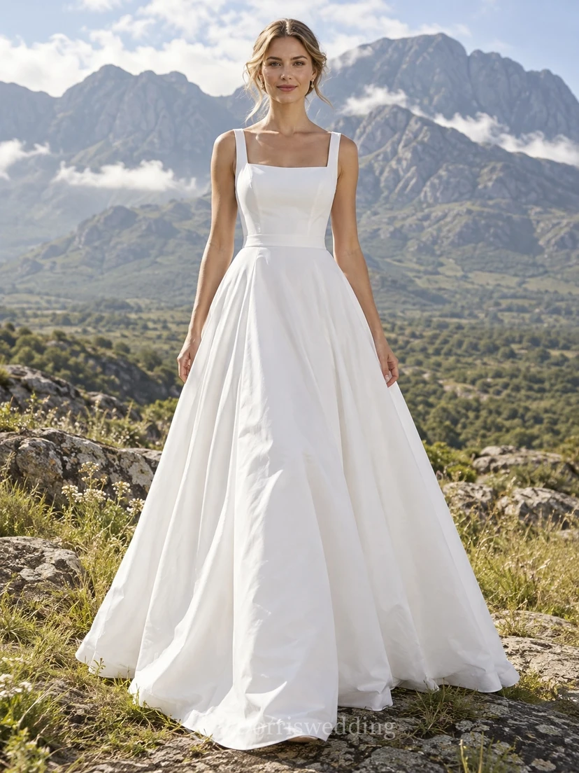 Vestido de novia sencillo de satén con escote cuadrado, tirantes anchos y corte en A con pliegues.
