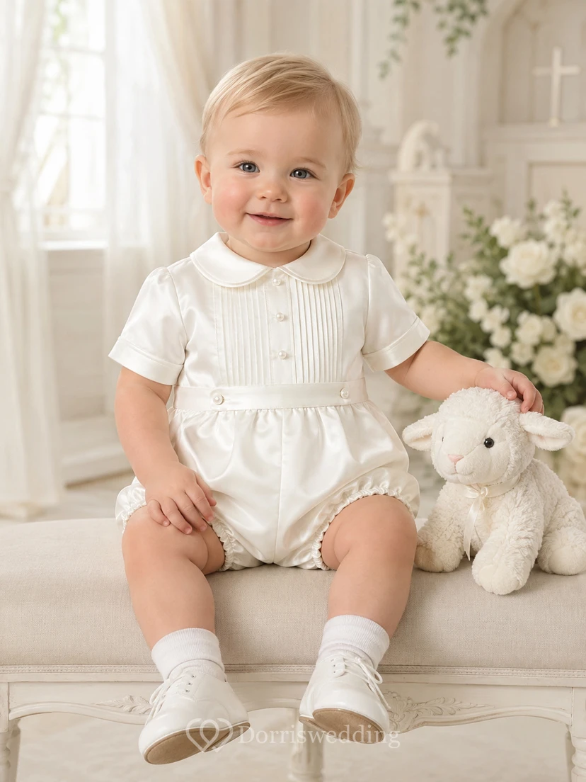 White Pintuck Bib Peter Collar Short Sleeve Christening Bubble for Baby Boy