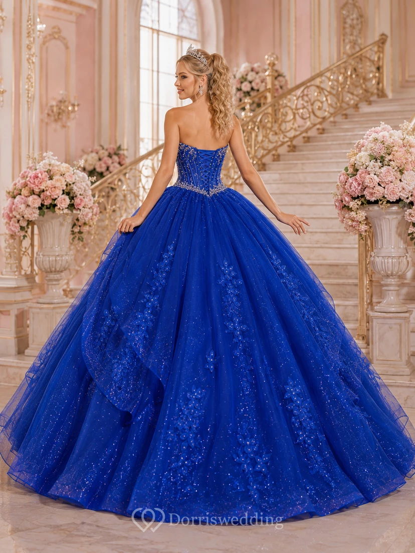 Royal Blue Strapless Beaded Tiered Quinceanera Ball Gown view 2