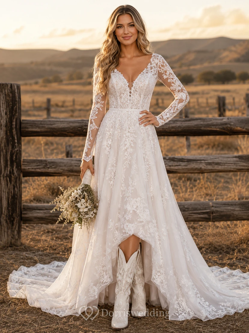 Western A-Line Bridal Dress with V-Neck Lace Long Sleeves and Chapel Train Romantic Bohemian Tulle view 2