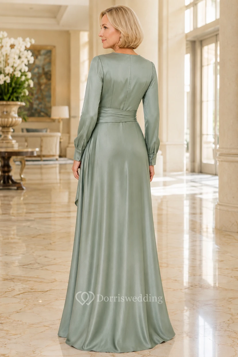 MOB-Kleid aus salbeifarbenem Satin, A-Linie, lange Ärmel, V-Ausschnitt, bodenlang, Rüschenbesatz view 2