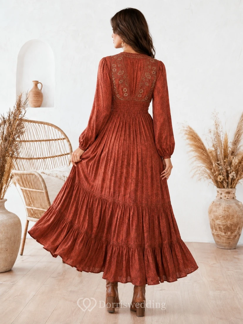 Boho Vintage Rust V-Neck Long-Sleeve Chiffon Pleated A-Line Floor-Length Dress view 2