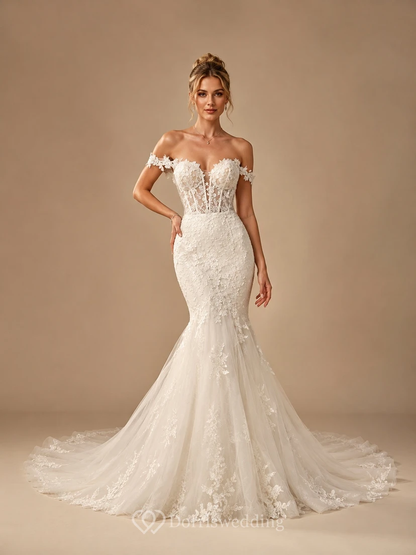 Brautkleid aus Spitze, Tüll, schulterfrei, kurzärmelig, Meerjungfrauenschnitt, bodenlang, Kapellenschleppe, Applikationen