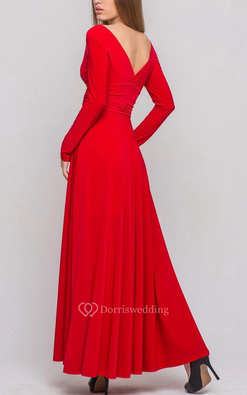 V Neck V Back Long Sleeve A-line Pleated Jersey Long Dress view 3