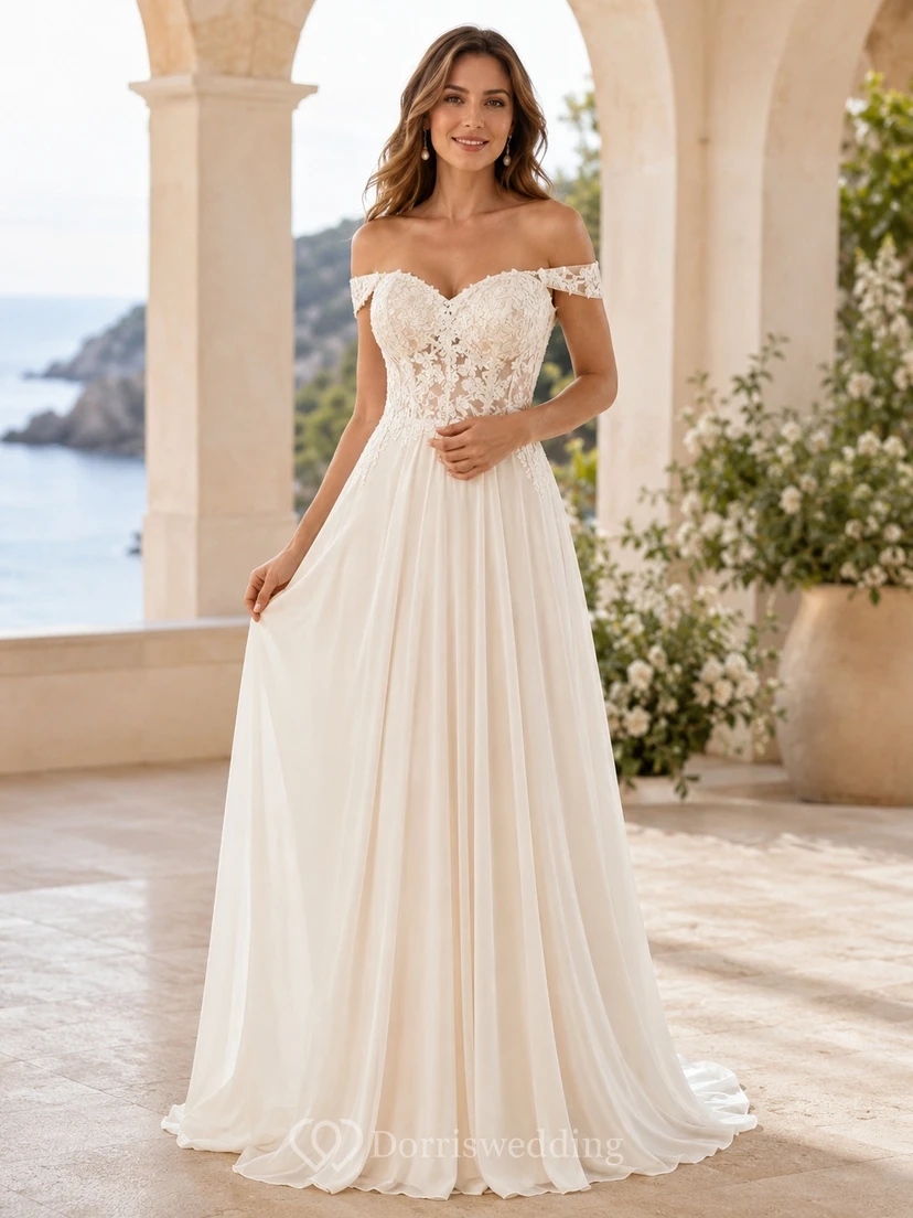 Brautkleid aus Chiffon, schulterfrei, kurzärmelig, A-Linie, bodenlang, plissiert, mit Spitze