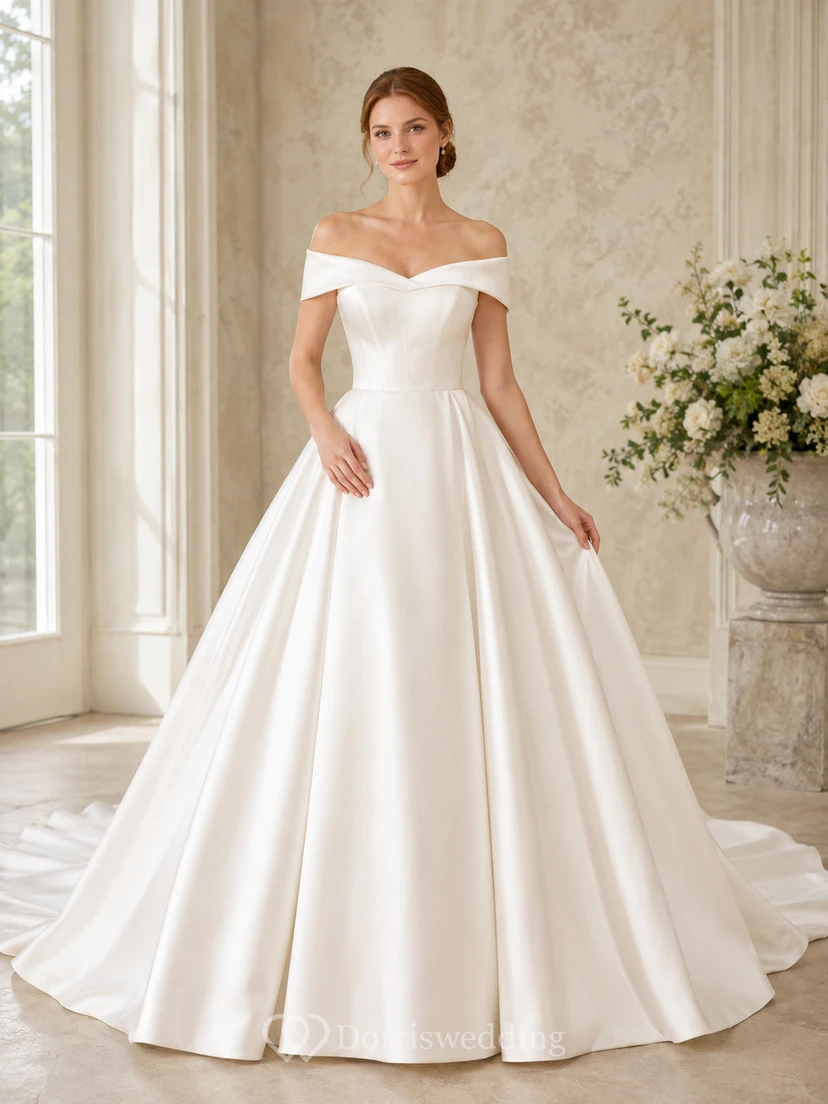 Vestido de novia minimalista de satén, estilo princesa, con hombros descubiertos y cola.